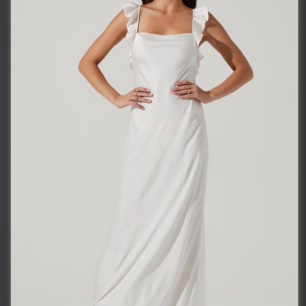 ASTR The Label Bryan Ruffle Strap Satin Maxi Dress in White, Size S